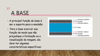 A BASE
• A principal função da base é
ser o suporte para a emulsão.
• Para a base exercer sua
função de modo que não
prejudique a formação ou a
visualização da imagem, ela
deve ter algumas
características específicas:
17
 