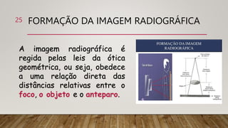 FORMAÇÃO DA IMAGEM RADIOGRÁFICA
25
A imagem radiográfica é
regida pelas leis da ótica
geométrica, ou seja, obedece
a uma relação direta das
distâncias relativas entre o
foco, o objeto e o anteparo.
 
