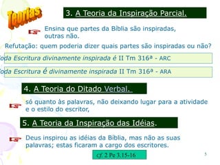 5
3. A Teoria da Inspiração Parcial.
Ensina que partes da Bíblia são inspiradas,
outras não.
Refutação: quem poderia dizer quais partes são inspiradas ou não?
Toda Escritura divinamente inspirada é II Tm 316ª - ARC
4. A Teoria do Ditado Verbal.
Deus inspirou as idéias da Bíblia, mas não as suas
palavras; estas ficaram a cargo dos escritores.
só quanto às palavras, não deixando lugar para a atividade
e o estilo do escritor,
5. A Teoria da Inspiração das Idéias.
Toda Escritura é divinamente inspirada II Tm 316ª - ARA
Cf. 2 Pe 3.15-16
 