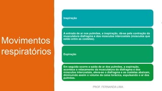 Movimentos
respiratórios
Inspiração
A entrada de ar nos pulmões, a inspiração, dá-se pela contração da
musculatura diafragma e dos músculos intercostais (músculos que
estão entre as costelas).
Expiração
Em seguida ocorre a saída de ar dos pulmões, a expiração,
acontece o relaxamento da musculatura do diafragma e dos
músculos intercostais, eleva-se o diafragma e as costelas abaixam,
diminuindo assim o volume da caixa torácica, expulsando o ar dos
pulmões.
PROF. FERNANDA LIMA
 