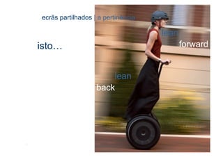 ecrãs partilhados | a pertinência

                                                      lean
       isto…                                                       forward


                              lean
                          back




[14]                                  CONTEÚDOS AV PARA NOVOS MEDIA | 2012-13
                                                   JORGE FERRAZ DE ABREU | PEDRO ALMEIDA
 