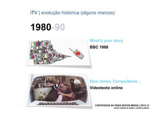 iTV | evolução histórica (alguns marcos)


       1980-90
                                   What’s your story
                                   BBC 1988




                                   Dow Jones, CompuServe…
                                   Videotexto online



[23]                                 CONTEÚDOS AV PARA NOVOS MEDIA | 2012-13
                                                  JORGE FERRAZ DE ABREU | PEDRO ALMEIDA
 