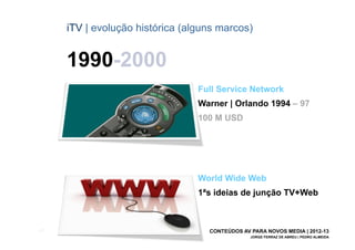 iTV | evolução histórica (alguns marcos)


       1990-2000
                                   Full Service Network
                                   Warner | Orlando 1994 – 97
                                   100 M USD




                                   World Wide Web
                                   1ªs ideias de junção TV+Web



[24]                                 CONTEÚDOS AV PARA NOVOS MEDIA | 2012-13
                                                  JORGE FERRAZ DE ABREU | PEDRO ALMEIDA
 