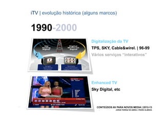 iTV | evolução histórica (alguns marcos)


       1990-2000
                                   Digitalização da TV
                                   TPS, SKY, Cable&wirel. | 96-99
                                   Vários serviços “interativos”




                                   Enhanced TV
                                   Sky Digital, etc



[25]                                 CONTEÚDOS AV PARA NOVOS MEDIA | 2012-13
                                                  JORGE FERRAZ DE ABREU | PEDRO ALMEIDA
 