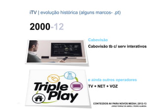 iTV | evolução histórica (alguns marcos- .pt)


       2000-12
                                   Cabovisão
                                   Cabovisão tb c/ serv interativos




                                   e ainda outros operadores
                                   TV + NET + VOZ



[29]                                  CONTEÚDOS AV PARA NOVOS MEDIA | 2012-13
                                                   JORGE FERRAZ DE ABREU | PEDRO ALMEIDA
 