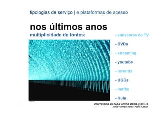 tipologias de serviço | e plataformas de acesso


       nos últimos anos
       multiplicidade de fontes:                    - emissoras de TV

                                                    - DVDs

                                                    - streaming

                                                    - youtube

                                                    - torrents

                                                    - UGCs

                                                    - netflix

                                                    - Hulu
[34]                                 CONTEÚDOS AV PARA NOVOS MEDIA | 2012-13
                                                  JORGE FERRAZ DE ABREU | PEDRO ALMEIDA
 