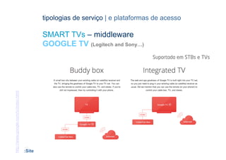 tipologias de serviço | e plataformas de acesso

                                              SMART TVs – middleware
                                              GOOGLE TV (Logitech and Sony…)
                                                                                     Suportada em STBs e TVs
http://www.google.com/tv/index.html




                                      [44]                                  CONTEÚDOS AV PARA NOVOS MEDIA | 2012-13
                                      :Site                                              JORGE FERRAZ DE ABREU | PEDRO ALMEIDA
 