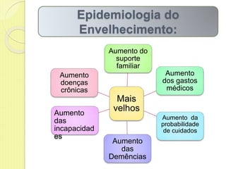 Mais
velhos
Aumento do
suporte
familiar
Aumento
dos gastos
médicos
Aumento da
probabilidade
de cuidados
Aumento
das
Demências
Aumento
das
incapacidad
es
Aumento
doenças
crônicas
Epidemiologia do
Envelhecimento:
 