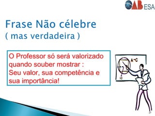 27
O Professor só será valorizado
quando souber mostrar :
Seu valor, sua competência e
sua importância!
 