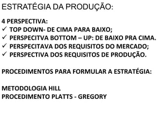 ESTRATÉGIA DA PRODUÇÃO:	
  
4	
  PERSPECTIVA:	
  
ü  TOP	
  DOWN-­‐	
  DE	
  CIMA	
  PARA	
  BAIXO;	
  
	
  ü  PERSPECITVA	
  BOTTOM	
  –	
  UP:	
  DE	
  BAIXO	
  PRA	
  CIMA.
	
  
	
  
ü  PERSPECITAVA	
  DOS	
  REQUISITOS	
  DO	
  MERCADO;	
  
ü  PERSPECTIVA	
  DOS	
  REQUISITOS	
  DE	
  PRODUÇÃO.	
  
	
  
PROCEDIMENTOS	
  PARA	
  FORMULAR	
  A	
  ESTRATÉGIA:	
  
	
  
METODOLOGIA	
  HILL	
  
PROCEDIMENTO	
  PLATTS	
  -­‐	
  GREGORY	
  

 