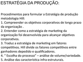 ESTRATÉGIA DA PRODUÇÃO:	
  
Procedimentos	
  para	
  formular	
  a	
  Estratégia	
  de	
  produção	
  
	
  metodologia	
  Hill:	
  
	
  1.	
  Compreender	
  os	
  objeXvos	
  corporaXvos	
  de	
  longo	
  prazo	
  
da	
  organização	
  .	
  
2.	
  Entender	
  como	
  a	
  estratégia	
  de	
  markeXng	
  da	
  
organização	
  foi	
  desenvolvida	
  para	
  alcançar	
  objeXvos	
  
corporaXvos.	
  
3.	
  Traduz	
  a	
  estratégia	
  de	
  markeXng	
  em	
  fatores	
  
compeXXvos.	
  Hill	
  divide	
  os	
  fatores	
  compeXXvos	
  entre	
  
ganhadores	
  depedido	
  e	
  qualiﬁcadores.	
  
4.	
  “	
  Escolha	
  do	
  processo”	
  –	
  análise	
  de	
  volume/variedade.	
  
5.	
  Análise	
  das	
  caracterísXca	
  infra-­‐estruturais.	
  

 