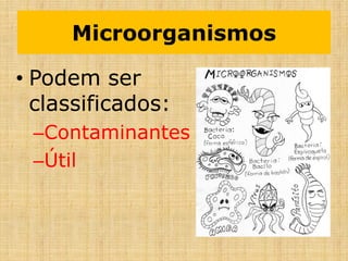 Microorganismos
• Podem ser
classificados:
–Contaminantes
–Útil
 