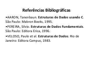 Referências Bibliográficas
•AARON, Tanenbaun. Estruturas de Dados usando C.
São Paulo: Makron Books, 1995.
•PEREIRA, Silvio. Estruturas de Dados Fundamentais.
São Paulo: Editora Erica, 1996.
•VELOSO, Paulo et al. Estruturas de Dados. Rio de
Janeiro: Editora Campus, 1983.

 