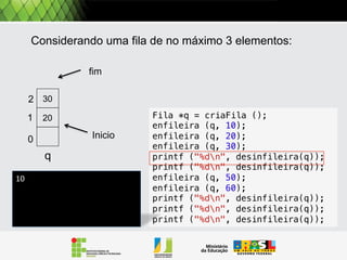 TAD: Pilha
Significado das operações (P sendo uma pilha e x
um elemento)
1.cria_pilha () - Inicializa uma pilha, retornando uma dada
pilha P
2.empilha(P,x) - Acrescenta o elemento x no topo da pilha P
(o tamanho de P aumenta)
3.desempilha (P) - Remove e retorna o elemento no topo da
pilha (o tamanho de P diminui)
4.pilha_vazia (P) - Verifica se a pilha está vazia (ou seja,
não possui nenhum elemento)
5.topo (P) – Retorna o valor que está no topo da pilha

 