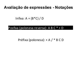 Avaliação de expressões - Notações
Infixa: A + (B*C) / D
Posfixa (polonesa reversa): A B C * + D /
Préfixa (polonesa): + A / * B C D

 