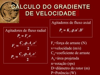Agitadores de fluxo radial
vFP aot
.=
2
... 2
vAC
F pd
a
ρ
=
2
... 3
vAC
P pd
ot
ρ
=
Agitadores de fluxo axial
53
... DnKP Tot
ρ=
Fa=força de arraste (N)
v=velocidade (m/s)
Cd=coeficiente de arraste
Ap=área projetada
n=rotação (rps)
D=diâmetro do rotor (m)
P=Potência (W)
CÁLCULO DO GRADIENTECÁLCULO DO GRADIENTE
DE VELOCIDADEDE VELOCIDADE
 