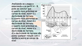 Analisando-se o mapa e
associando-o ao perfil A - B,
pode-se concluir que:
a) quanto mais próximas as
curvas de nível, maior é a
declividade do terreno.
b) quanto mais distantes as
curvas de nível, maior é a
declividade do terreno.
c) quanto mais próximas as
curvas de nível, menor é a
declividade do terreno.
d) a declividade do terreno não
possui qualquer relação com a
distância entre as curvas de
nível.
 