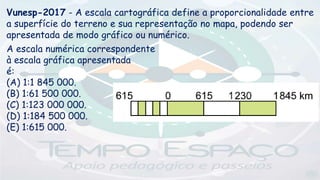 Vunesp-2017 - A escala cartográfica define a proporcionalidade entre
a superfície do terreno e sua representação no mapa, podendo ser
apresentada de modo gráfico ou numérico.
A escala numérica correspondente
à escala gráfica apresentada
é:
(A) 1:1 845 000.
(B) 1:61 500 000.
(C) 1:123 000 000.
(D) 1:184 500 000.
(E) 1:615 000.
 