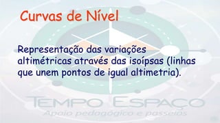 Curvas de Nível
Representação das variações
altimétricas através das isoípsas (linhas
que unem pontos de igual altimetria).
 