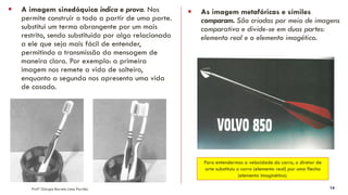 Profª Giorgia Barreto Lima Parrião 14
▪ A imagem sinedóquica indica e prova. Nos
permite construir o todo a partir de uma parte.
substitui um termo abrangente por um mais
restrito, sendo substituído por algo relacionado
a ele que seja mais fácil de entender,
permitindo a transmissão da mensagem de
maneira clara. Por exemplo: a primeira
imagem nos remete a vida de solteiro,
enquanto a segunda nos apresenta uma vida
de casado.
▪ As imagem metafóricas e símiles
comparam. São criadas por meio de imagens
comparativa e divide-se em duas partes:
elemento real e o elemento imagético.
Para entendermos a velocidade do carro, o diretor de
arte substituiu o carro (elemento real) por uma flecha
(elemento imaginético).
 