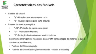 Características dos Fusíveis
• Classes de função:
• "g" - Atuação para sobrecarga e curto;
• "a" - Atuação apenas para curto-circuito;
• Classes de objetos protegidos:
• "L/G" - Proteção de cabos e uso geral;
• "M" - Proteção de Motores;
• "R"- Proteção de circuitos com semicondutores;
Geralmente empregam-se fusíveis de classe “aM” para proteção de motores, já que a
corrente de partida é alta;
• Fusíveis de Efeito retardado;
• Fusíveis de Efeito Rápido (Semicondutores – diodos e tiristores)
 