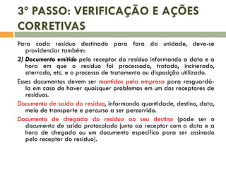 3º PASSO: VERIFICAÇÃO E AÇÕES
CORRETIVAS
Para cada resíduo destinado para fora da unidade, deve-se
providenciar também:
3) Documento emitido pelo receptor do resíduo informando a data e a
hora em que o resíduo foi processado, tratado, incinerado,
aterrado, etc. e o processo de tratamento ou disposição utilizado.
Esses documentos devem ser mantidos pela empresa para resguardála em caso de haver quaisquer problemas em um dos receptores de
resíduos.
Documento de saída do resíduo, informando quantidade, destino, data,
meio de transporte e percurso a ser percorrido.
Documento de chegada do resíduo ao seu destino (pode ser o
documento de saída protocolado junto ao receptor com a data e a
hora de chegada ou um documento específico para ser assinado
pelo receptor do resíduo).

 