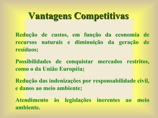 Vantagens CompetitivasVantagens Competitivas
Redução de custos, em função da economia de
recursos naturais e diminuição da geração de
resíduos;
Possibilidades de conquistar mercados restritos,
como o da União Européia;
Redução das indenizações por responsabilidade civil,
e danos ao meio ambiente;
Atendimento às legislações inerentes ao meio
ambiente.
 