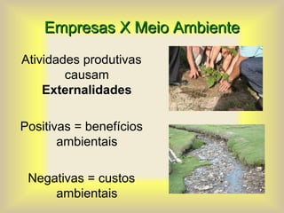 Empresas X Meio AmbienteEmpresas X Meio Ambiente
Atividades produtivas
causam
Externalidades
Positivas = benefícios
ambientais
Negativas = custos
ambientais
 
