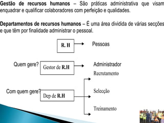Gestão de recursos humanos – São práticas administrativa que visam
enquadrar e qualificar colaboradores com perfeição e qualidades.
Departamentos de recursos humanos – É uma área dividida de várias secções
e que têm por finalidade administrar o pessoal.
Pessoas
Quem gere? Administrador
Com quem gere?
Gestor de R.H
R. H
Dep de R.H
Recrutamento
Selecção
Treinamento
 