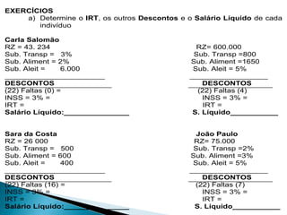 EXERCÍCIOS
a) Determine o IRT, os outros Descontos e o Salário Líquido de cada
indivíduo
Carla Salomão
RZ = 43. 234 RZ= 600.000
Sub. Transp = 3% Sub. Transp =800
Sub. Aliment = 2% Sub. Aliment =1650
Sub. Aleit = 6.000 Sub. Aleit = 5%
_______________________ __________________
DESCONTOS DESCONTOS
(22) Faltas (0) = (22) Faltas (4)
INSS = 3% = INSS = 3% =
IRT = IRT =
Salário Líquido:_______________ S. Líquido___________
Sara da Costa João Paulo
RZ = 26 000 RZ= 75.000
Sub. Transp = 500 Sub. Transp =2%
Sub. Aliment = 600 Sub. Aliment =3%
Sub. Aleit = 400 Sub. Aleit = 5%
_______________________ __________________
DESCONTOS DESCONTOS
(22) Faltas (16) = (22) Faltas (7)
INSS = 3% = INSS = 3% =
IRT = IRT =
Salário Líquido:_______________ S. Líquido___________
 