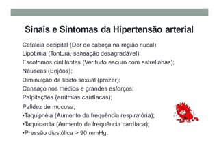 Sinais e Sintomas da Hipertensão arterial
Cefaléia occipital (Dor de cabeça na região nucal);
Lipotimia (Tontura, sensação desagradável);
Escotomos cintilantes (Ver tudo escuro com estrelinhas);
Náuseas (Enjôos);
Diminuição da libido sexual (prazer);
Cansaço nos médios e grandes esforços;
Palpitações (arritmias cardíacas);
Palidez de mucosa;
•Taquipnéia (Aumento da frequência respiratória);
•Taquicardia (Aumento da frequência cardíaca);
•Pressão diastólica > 90 mmHg.
 