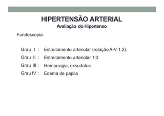 HIPERTENSÃO ARTERIAL
Avaliação do Hipertenso
Fundoscopia
Grau I :
Grau II :
Grau III :
Grau IV :
Estreitamento arteriolar (relação A-V 1:2)
Estreitamento arteriolar 1:3
Hemorragia, exsudatos
Edema de papila
 
