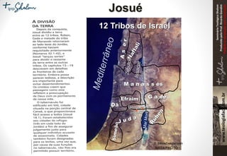 SeminárioTeológicoShalom
ProduzidopeloProf.RicardoGondim
Proibidaareproduçãosemautorização
Efraim
M a n a s s és
G a de
Dã Benjamim
Jerusalém
RioJordão
Jericó Mt.Nebo
NASA PHOTO
© EBibleTeacher.com
12 Tribos de Israel
Josué
 