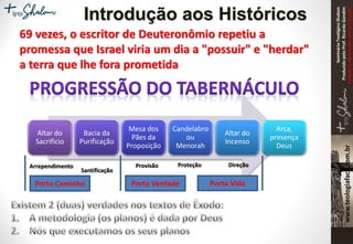 SeminárioTeológicoShalom
ProduzidopeloProf.RicardoGondim
Proibidaareproduçãosemautorização
69 vezes, o escritor de Deuteronômio repetiu a
promessa que Israel viria um dia a "possuir" e "herdar"
a terra que lhe fora prometida
Introdução aos Históricos
Altar do
Sacrificio
Bacia da
Purificação
Mesa dos
Pães da
Proposição
Candelabro
ou
Menorah
Altar do
Incenso
Arca,
presença
Deus
Porta Caminho
Arrependimento
Santificação
Porta Verdade
Provisão Proteção Direção
Porta Vida
 