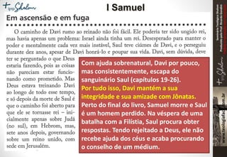 SeminárioTeológicoShalom
ProduzidopeloProf.RicardoGondim
Proibidaareproduçãosemautorização
Com ajuda sobrenatural, Davi por pouco,
mas consistentemente, escapa do
sanguinário Saul (capítulos 19-26).
Por tudo isso, Davi mantém a sua
integridade e sua amizade com Jônatas.
Perto do final do livro, Samuel morre e Saul
é um homem perdido. Na véspera de uma
batalha com a Filístia, Saul procura obter
respostas. Tendo rejeitado a Deus, ele não
recebe ajuda dos céus e acaba procurando
o conselho de um médium.
I Samuel
 
