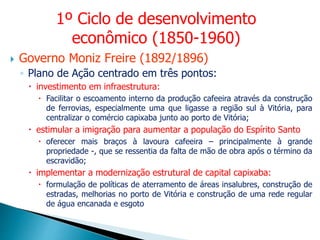  Governo Moniz Freire (1892/1896)
◦ Plano de Ação centrado em três pontos:
 investimento em infraestrutura:
 Facilitar o escoamento interno da produção cafeeira através da construção
de ferrovias, especialmente uma que ligasse a região sul à Vitória, para
centralizar o comércio capixaba junto ao porto de Vitória;
 estimular a imigração para aumentar a população do Espírito Santo
 oferecer mais braços à lavoura cafeeira – principalmente à grande
propriedade -, que se ressentia da falta de mão de obra após o término da
escravidão;
 implementar a modernização estrutural de capital capixaba:
 formulação de políticas de aterramento de áreas insalubres, construção de
estradas, melhorias no porto de Vitória e construção de uma rede regular
de água encanada e esgoto
1º Ciclo de desenvolvimento
econômico (1850-1960)
 