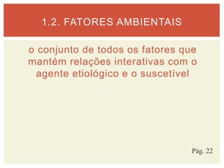 o conjunto de todos os fatores que
mantém relações interativas com o
agente etiológico e o suscetível
1.2. FATORES AMBIENTAIS
Pág. 22
 