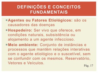 Agentes ou Fatores Etiológicos: são os
causadores das doenças
Hospedeiro: Ser vivo que oferece, em
condições naturais, subsistência ou
alojamento a um agente infeccioso.
Meio ambiente: Conjunto de instâncias e
processos que mantêm relações interativas
com o agente etiológico e o suscetível, sem
se confundir com os mesmos. Reservatório,
Vetores e Veículos.
DEFINIÇÕES E CONCEITOS
FUNDAMENTAIS
Pág. 17
 