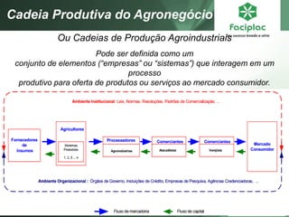 Ou Cadeias de Produção Agroindustriais Pode ser definida como um conjunto de elementos (“empresas” ou “sistemas”) que interagem em um processo produtivo para oferta de produtos ou serviços ao mercado consumidor. 
Cadeia Produtiva do Agronegócio  