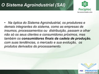 •Na óptica do Sistema Agroindustrial, os produtores e demais integrantes do sistema, como as empresas de insumos, processamentos ou distribuição, passam a olhar não só os seus clientes e consumidores próximos, mas também os consumidores finais da cadeia de produção, com suas tendências, o mercado e sua evolução, os produtos derivados do processamento. 
O Sistema Agroindustrial (SAI)  