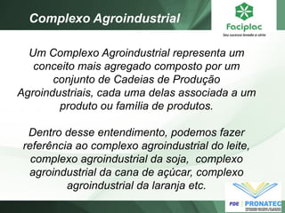 Um Complexo Agroindustrial representa um conceito mais agregado composto por um conjunto de Cadeias de Produção Agroindustriais, cada uma delas associada a um produto ou família de produtos. 
Dentro desse entendimento, podemos fazer referência ao complexo agroindustrial do leite, complexo agroindustrial da soja, complexo agroindustrial da cana de açúcar, complexo agroindustrial da laranja etc. 
Complexo Agroindustrial  