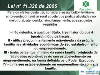 Para os efeitos desta Lei, considera-se agricultor familiar e empreendedor familiar rural aquele que pratica atividades no meio rural, atendendo, simultaneamente, aos seguintes requisitos: I - não detenha, a qualquer título, área maior do que 4 (quatro) módulos fiscais; II - utilize predominantemente mão-de-obra da própria família nas atividades econômicas do seu estabelecimento ou empreendimento; III - tenha percentual mínimo da renda familiar originada de atividades econômicas do seu estabelecimento ou empreendimento, na forma definida pelo Poder Executivo; IV - dirija seu estabelecimento ou empreendimento com sua família. 
Lei nº 11.326 de 2006  