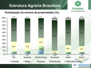 5,7 8 ,5 7,6 
13 ,4 
2 ,0 
4 ,4 4 ,6 
2 6 ,8 2 1,9 
2 2 ,8 
7,3 
18 ,8 15,7 
6 3 ,3 6 6 ,2 
54 ,3 
8 2 ,8 
6 8 ,7 73 ,0 
2 ,3 2 ,3 0 ,5 1,6 1,8 
2 ,0 2 ,1 1,1 7,4 6 ,5 
4 ,9 
0% 
10% 
20% 
30% 
40% 
50% 
60% 
70% 
80% 
90% 
100% 
Sul Sudeste Centro-Oeste Nordeste Norte Brasil 
Grande Média Pequena Minifúndio Não Informantes 
Estrutura Agrária Brasileira 
Participação do número de propriedades (%): 
 