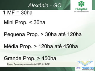 Fonte: Censo Agropecuário de 2006 do IBGE 
Mini Prop. < 30ha Pequena Prop. > 30ha até 120ha Média Prop. > 120ha até 450ha Grande Prop. > 450ha 
1 MF = 30ha 
Alexânia - GO  