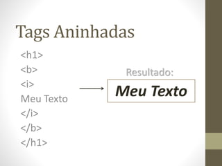 Tags Aninhadas
<h1>
<b>
<i>
Meu Texto
</i>
</b>
</h1>
Meu Texto
Resultado:
 
