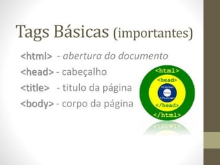 Tags Básicas (importantes)
<html> - abertura do documento
<head> - cabeçalho
<title> - titulo da página
<body> - corpo da página
 