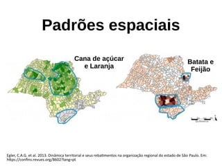 Padrões espaciais
Cana de açúcar
e Laranja
Batata e
Feijão
Egler, C.A.G. et al. 2013. Dinâmica territorial e seus rebatimentos na organização regional do estado de São Paulo. Em:
https://confins.revues.org/8602?lang=pt
 