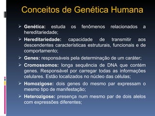 Conceitos de Genética Humana Genética:  estuda os fenômenos relacionados a hereditariedade; Hereditariedade:  capacidade de transmitir aos descendentes características estruturais, funcionais e de comportamento; Genes:  responsáveis pela determinação de um caráter; Cromossomos:  longa sequência de DNA que contém genes. Responsável por carregar todas as informações celulares. Estão localizados no núcleo das células; Homozigose:  dois genes do mesmo par expressam o mesmo tipo de manifestação; Heterozigose:  presença num mesmo par de dois alelos com expressões diferentes; 