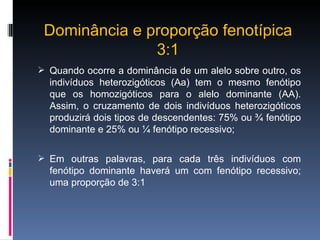 Dominância e proporção fenotípica 3:1 Quando ocorre a dominância de um alelo sobre outro, os indivíduos heterozigóticos (Aa) tem o mesmo fenótipo que os homozigóticos para o alelo dominante (AA). Assim, o cruzamento de dois indivíduos heterozigóticos produzirá dois tipos de descendentes: 75% ou ¾ fenótipo dominante e 25% ou ¼ fenótipo recessivo; Em outras palavras, para cada três indivíduos com fenótipo dominante haverá um com fenótipo recessivo; uma proporção de 3:1 