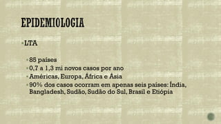 ▪LTA
▪85 países
▪0,7 a 1,3 mi novos casos por ano
▪Américas, Europa, África e Ásia
▪90% dos casos ocorram em apenas seis países: Índia,
Bangladesh, Sudão, Sudão do Sul, Brasil e Etiópia
 